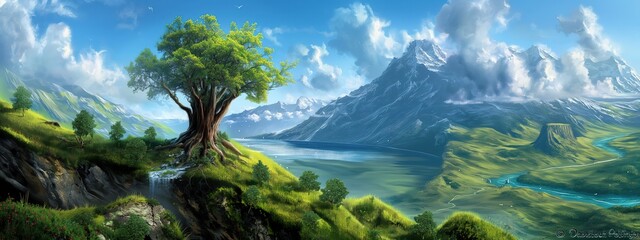 pure nature scene a lone tree on hill with river and mountain view, artful painting style illustration with grungy brush stroke texture, Generative Ai
