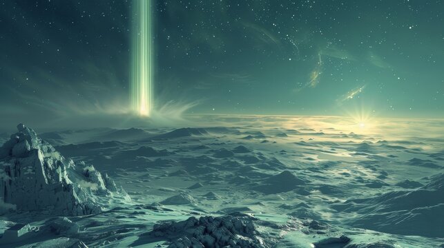 Aurora: A futuristic illustration imagining the aurora australis as a beacon of light in the sky