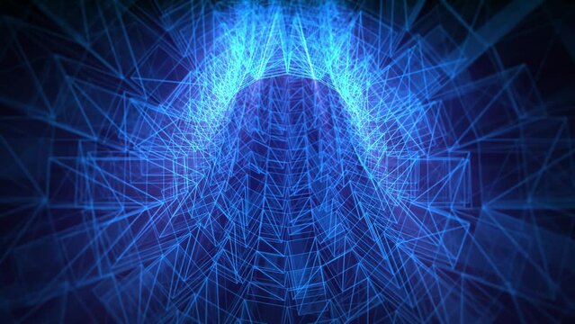 Looped background with flying through transparent blue tunnel made of hi tech glowing lines with soft shine and glow effect. Digital screensaver for computer science and music show. VJ loop, 4k, 60fps