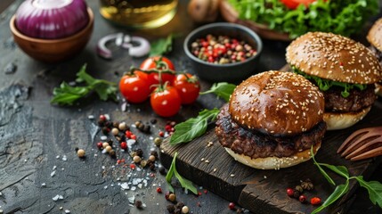 A close up of a burger with tomatoes, lettuce and onions, AI