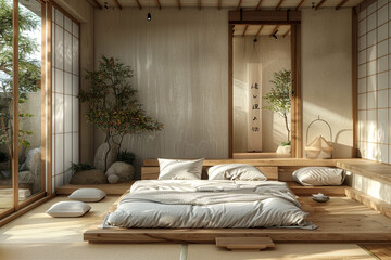 A minimalist and zen-inspired bedroom with natural wood accents and a calming color palette.