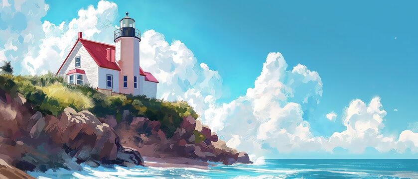 beautiful illustration of seascape with lighthouse in morning sunny day, artful painting style illustration with grungy brush stroke texture, Generative Ai	
