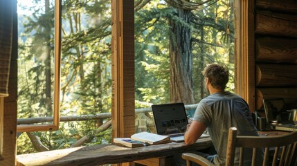 A remote worker enjoying a productive day at a rustic cabin retreat, surrounded by nature and tranquility, with a laptop on a wooden table.