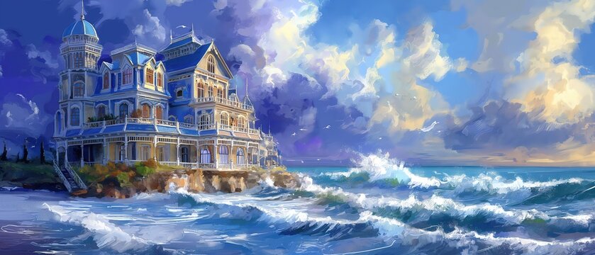 whimsical palace at seaside, artful painting style illustration with grungy brush stroke texture, Generative Ai	
