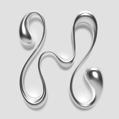 3D melted liquid metal letter H, English alphabet, with glossy reflective surface, abstract fluid droplet shape, silver or chrome gradient. Isolated vector letter for Y2K design font