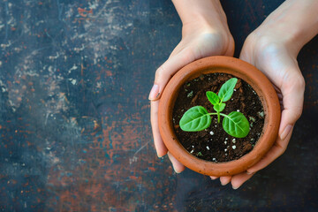 Hands planting a seedling in a pot, metaphor for growth and nurturing ones mental health  - obrazy, fototapety, plakaty