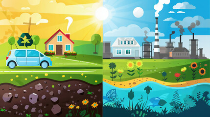 One half depicts life with green energy: an electric car on a charger, a house with solar panels, and the sun shining in the blue sky. There is green grass, flowers and trees around. In the second hal - obrazy, fototapety, plakaty