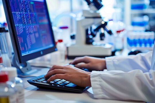 hands typing on a keyboard with medical research software open, statistical analysis of clinical trial data