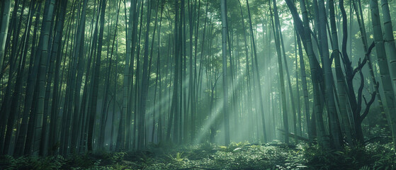 Sunlight filters through dense bamboo forest, casting shadows on the ground in a tranquil scene.