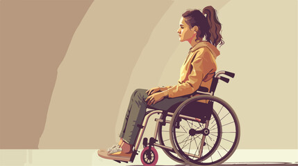 Young woman in wheelchair on beige background Vector - obrazy, fototapety, plakaty