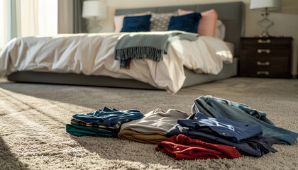 Women's and men's clothing lies on the carpet in front of a large bed in the bedroom