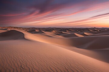 A surreal landscape of rolling glittery dunes under a twilight gradient sky.