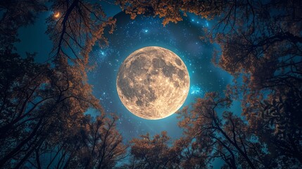 Fototapeta premium Moon: A captivating photo of the moon shining brightly through a canopy of trees