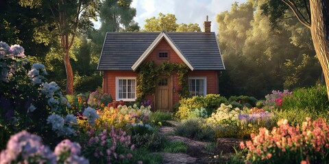 Fototapeta na wymiar small wooden cottage in lush forest with front garden full of flower blossoming, fairytale dreamlike witch house, Generative Ai 