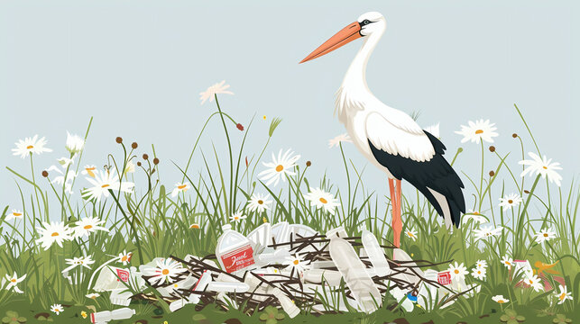stork made a nest out of garbage. Environment pollution problem.