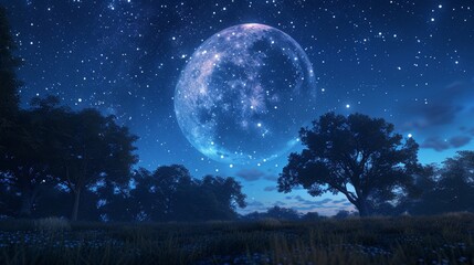 Night Sky: A 3D depiction of the night sky, with a focus on the moon casting a soft glow over the landscape