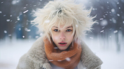 Emotional beautiful blonde during snowfall.