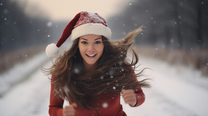 A girl in a Santa Claus hat runs through the snow.