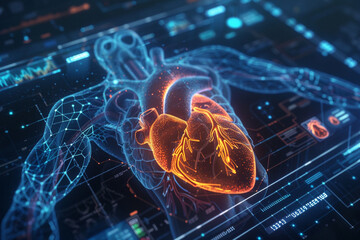 Heart and veins HUD hologram, circulation dynamics displayed, cool blue backlight, direct view, sharp detail  - obrazy, fototapety, plakaty