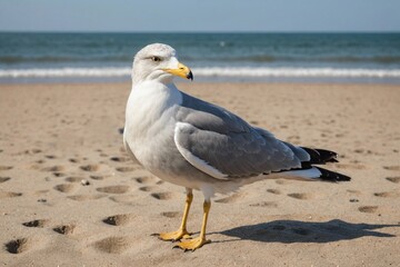 Obraz premium European herring gull (Larus argentatus) standing on sandy beach with hooded beach chairs in background