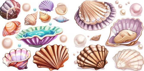 Cartoon pearl shells. Underwater pearls in shell, open scallop with luxury sphere