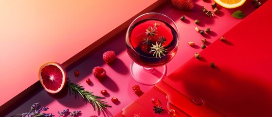 cocktail with fruits and spices on a red background