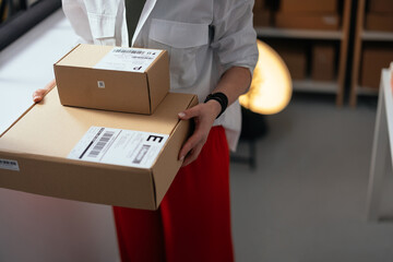 Entrepreneur holding parcels in a modern office