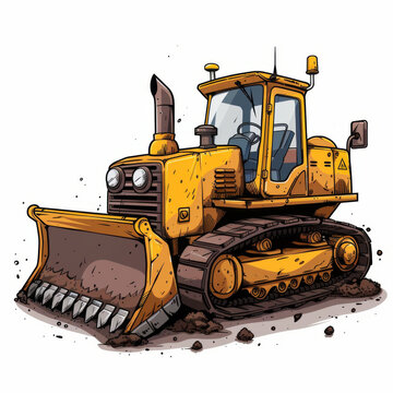 A vibrant and detailed illustration of a yellow bulldozer in a cartoon style, with emphasis on construction and machinery.
