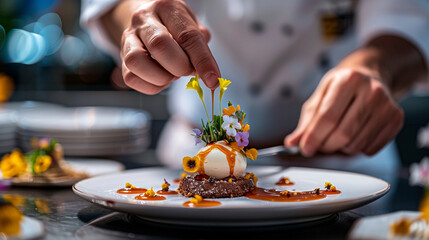 A close-up shot of a chef meticulously garnishing a gourmet dessert with edible flowers and delicate drizzles of caramel sauce.