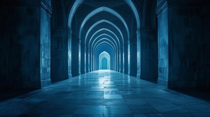 Naklejka premium A long hallway with arches and windows in a dark room, AI