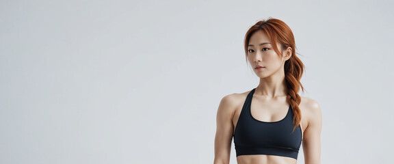 Young Asian redhead fit sexy woman standing isolated on a gray background. Studio portrait of a healthy muscular female.
