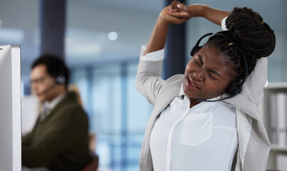 Woman, call center and stretching with headphones on for telemarketing, burnout or fatigue. Black...