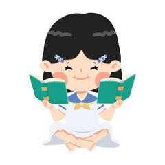 Kid girl sitting reading book cartoon