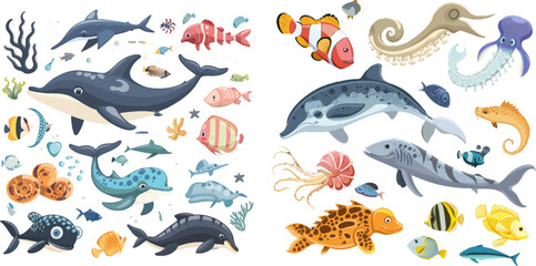 Sea Animals. Vector underwater animal creatures and fish in the sea