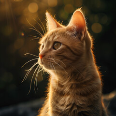 Orange tabby cat with vibrant whiskers against a sunlit backdrop, Concept of domestic feline beauty and tranquility in nature.
