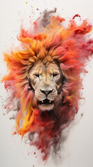 Modern bright tattoo with the image of a lion born from colored smoke.