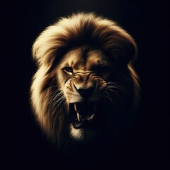 A violent lion portrait, with the rim light. The background is black