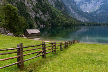 The wooden boathouse on the edge of Obersee in Barchtesgaden in Bavaria