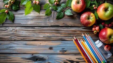 Group of Pencils and Apples on Wooden Table