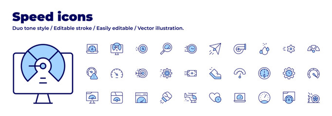 Speed icons collection. Duo tone style. Editable stroke, performance, speed, speed limit, arrow, clock, high speed, slow speed, speedometer, boxing, gear, magnifying glass.