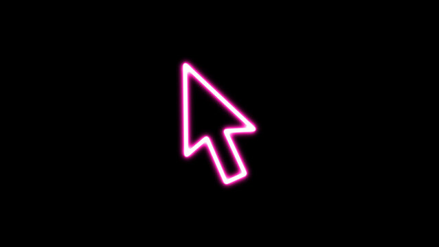 Neon Mouse click cursor arrow icon. Hand Cursor. glowing Click icon. Mouse pointer. Arrow cursor on the black background.