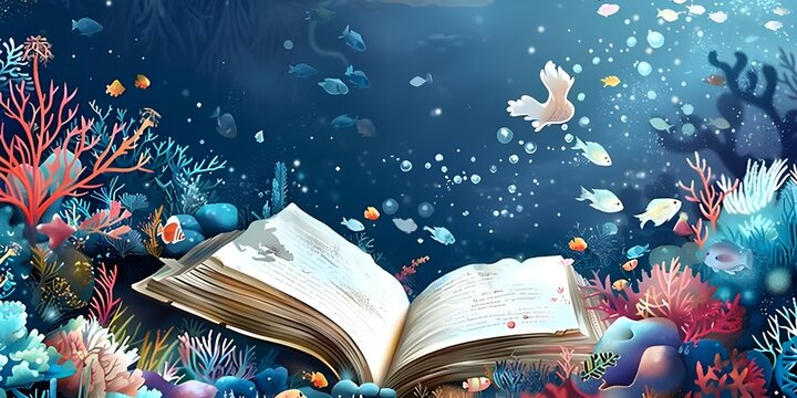 An open book with a picture of a fish and corals
