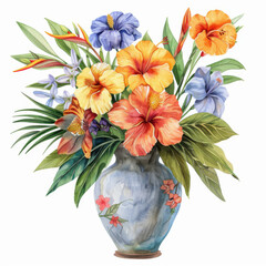Watercolor painting featuring a mix of exotic flowers and pansies in a decorated vase, with a white background.