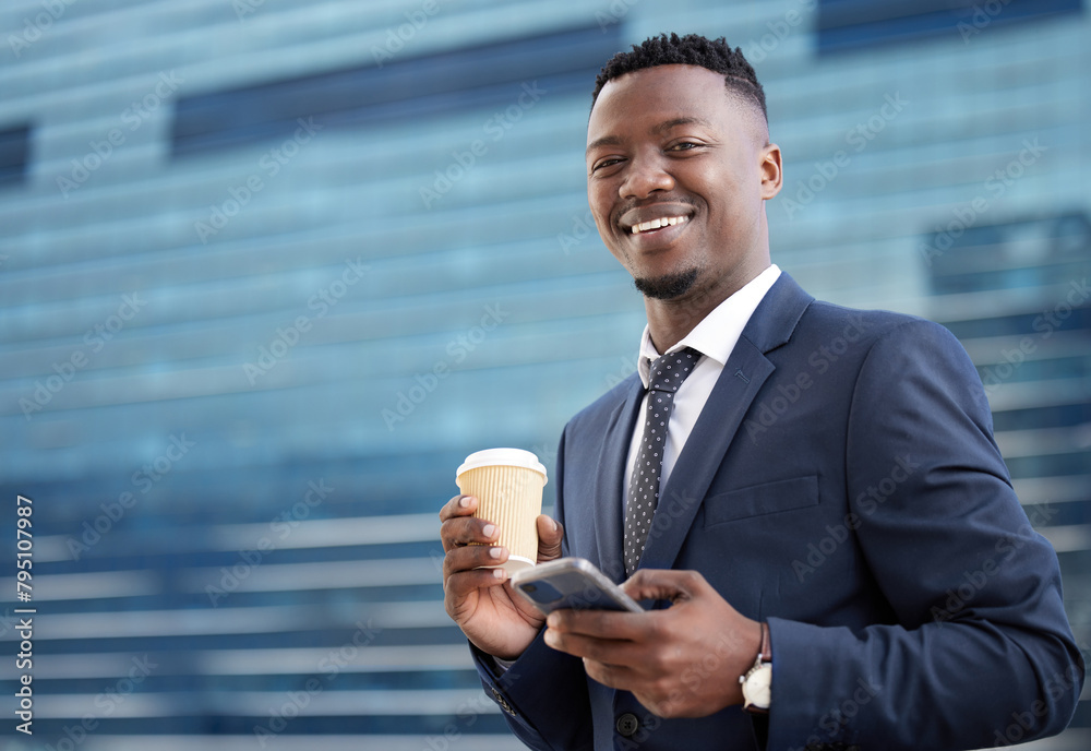 Aufkleber black man, business and coffee with phone in portrait for schedule or networking as manager with dig