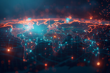 High tech digital world map with glowing connections between countries representing global business networks and the flow of information - obrazy, fototapety, plakaty