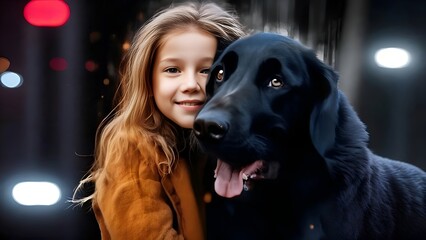 Ein Mädchen mit einem schwarzen Hund. Abstrakter Hintergrund für Design 1. - obrazy, fototapety, plakaty