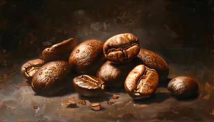 A painting of a pile of coffee beans. Each bean is a deep, earthy brown, gleaming with oils in the dim light - obrazy, fototapety, plakaty
