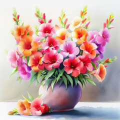 A cheerful watercolor painting of orange and pink hibiscus flowers in a ceramic pot, full of life and color.