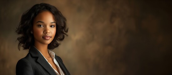 Fototapeta premium Woman dressed in a business suit, captured in a classic Renaissance portrait style. Plain background. Space for text