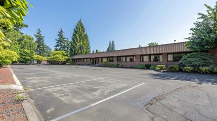 Commercial property with spacious parking lot and landscaped grounds